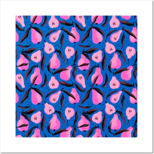 Pink pears with leaves on royal blue pattern Posters and Art